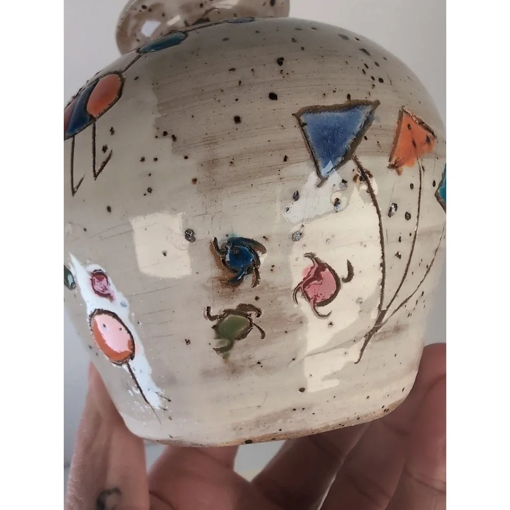 Glazed Handmade Pot/Vase Colorful Design Signed & Dated Contemporary, Cute Bugs?